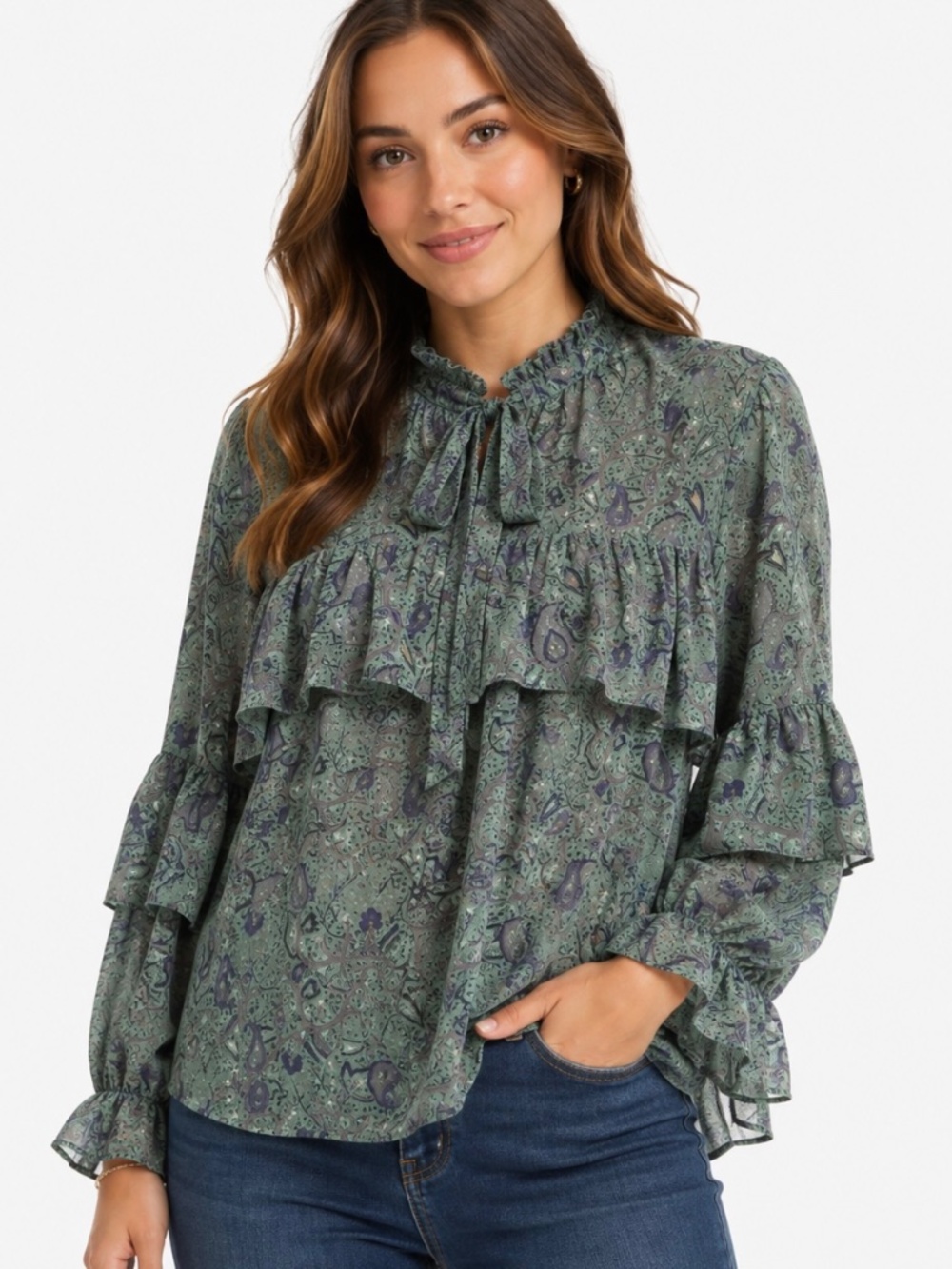 Lucky Brand green, paisley blouse with ruffles.